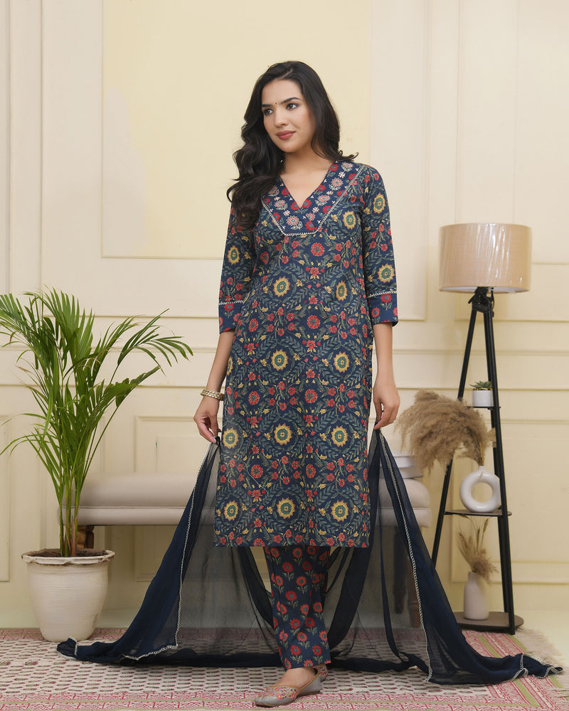 Women Navy Cotton kurta with cotton pant & dupatta