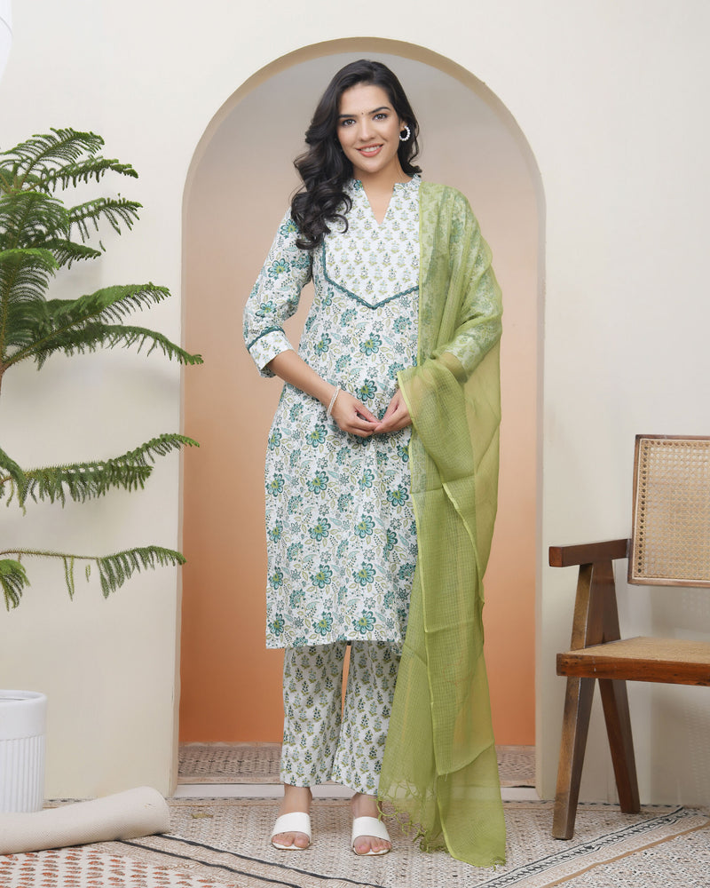 Women white Cotton kurta with cotton pant & dupatta