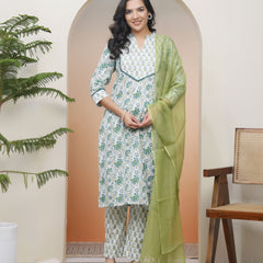 Women white Cotton kurta with cotton pant & dupatta