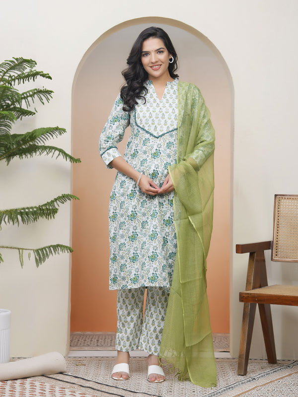 Women white Cotton kurta with cotton pant & dupatta