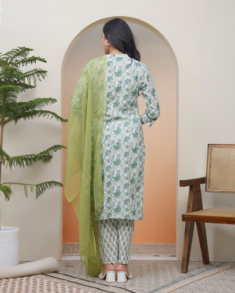 Women white Cotton kurta with cotton pant & dupatta