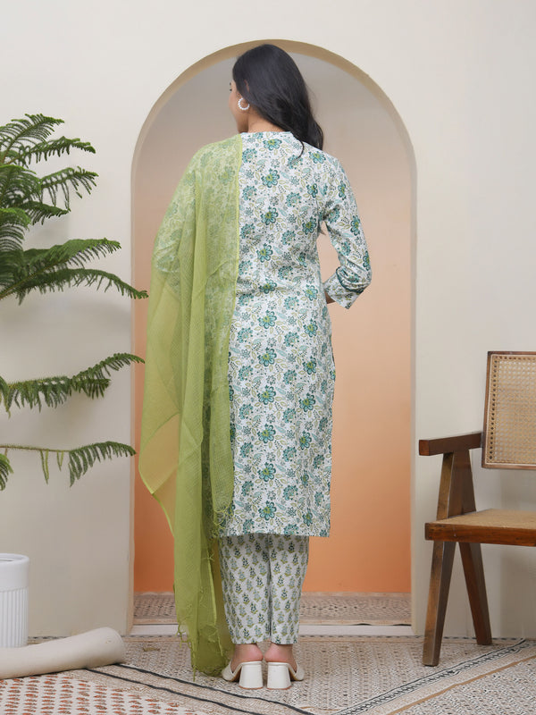 Women white Cotton kurta with cotton pant & dupatta