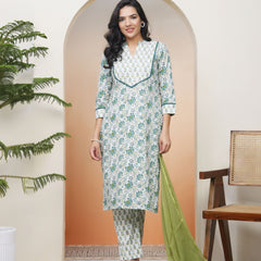 Women white Cotton kurta with cotton pant & dupatta