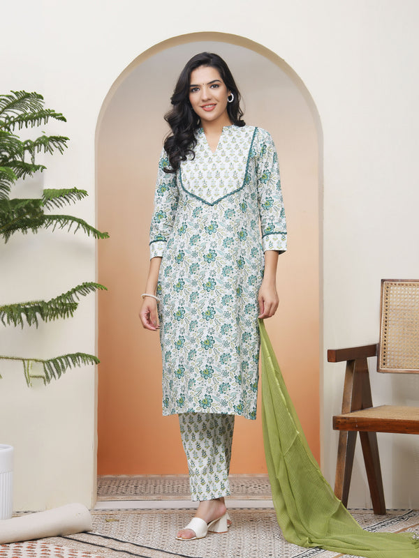 Women white Cotton kurta with cotton pant & dupatta