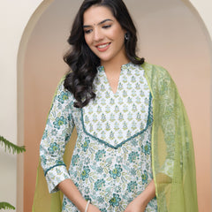 Women white Cotton kurta with cotton pant & dupatta