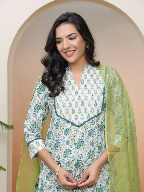 Women white Cotton kurta with cotton pant & dupatta