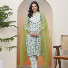 Women white Cotton kurta with cotton pant & dupatta