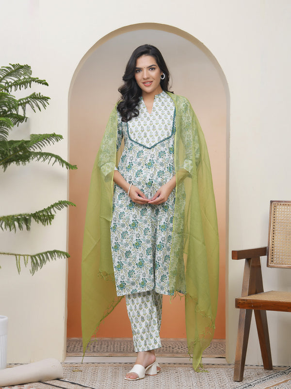Women white Cotton kurta with cotton pant & dupatta