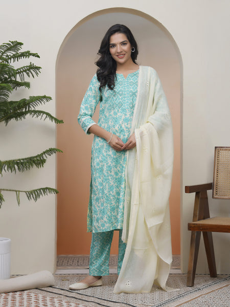 Women Aqua marine Cotton kurta with cotton pant & dupatta