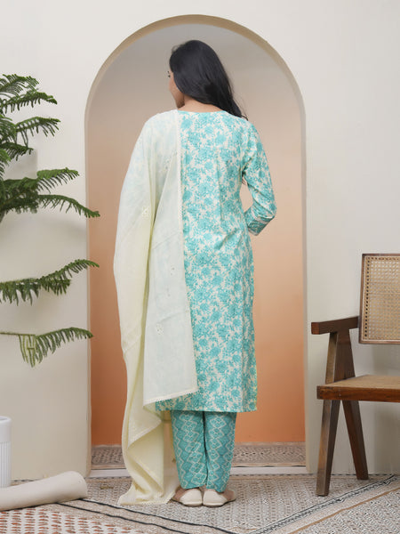 Women Aqua marine Cotton kurta with cotton pant & dupatta