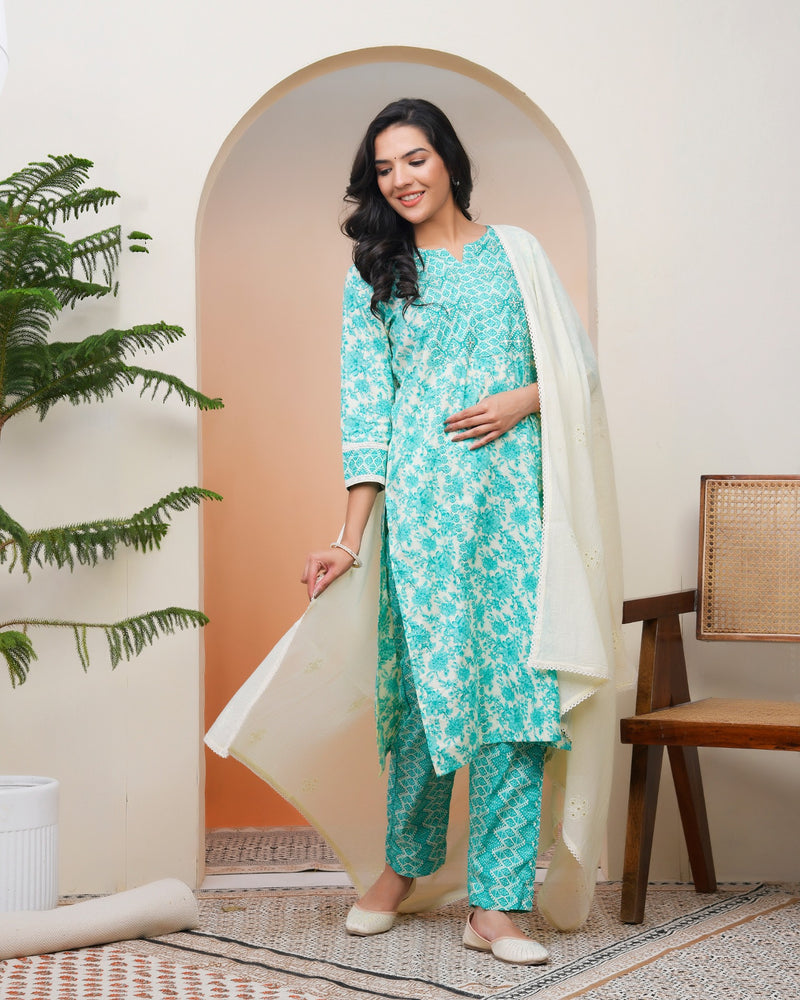 Women Aqua marine Cotton kurta with cotton pant & dupatta