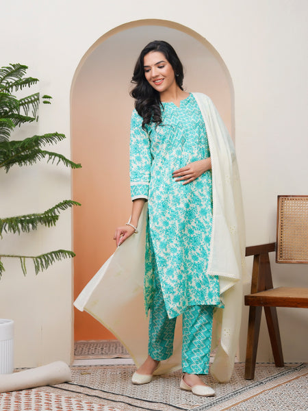 Women Aqua marine Cotton kurta with cotton pant & dupatta