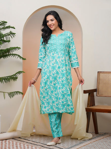 Women Aqua marine Cotton kurta with cotton pant & dupatta