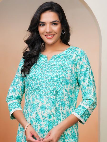 Women Aqua marine Cotton kurta with cotton pant & dupatta