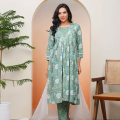 Women Ferozi Cotton kurta with cotton pant & dupatta