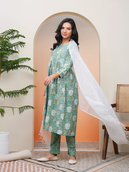 Women Ferozi Cotton kurta with cotton pant & dupatta