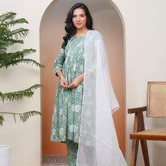 Women Ferozi Cotton kurta with cotton pant & dupatta