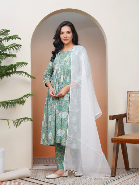 Women Ferozi Cotton kurta with cotton pant & dupatta