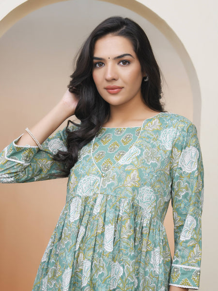 Women Ferozi Cotton kurta with cotton pant & dupatta