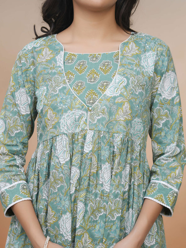 Women Ferozi Cotton kurta with cotton pant & dupatta