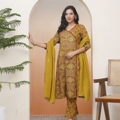 Women Mustard Cotton angrakha kurta with cotton pant & dupatta
