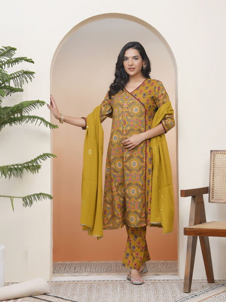Women Mustard Cotton angrakha kurta with cotton pant & dupatta