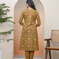 Women Mustard Cotton angrakha kurta with cotton pant & dupatta