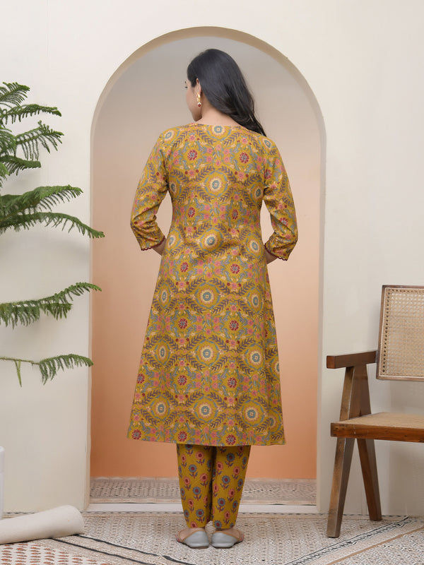 Women Mustard Cotton angrakha kurta with cotton pant & dupatta