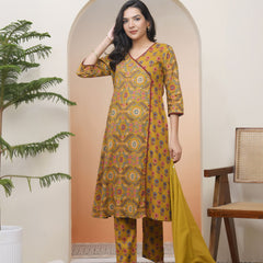 Women Mustard Cotton angrakha kurta with cotton pant & dupatta