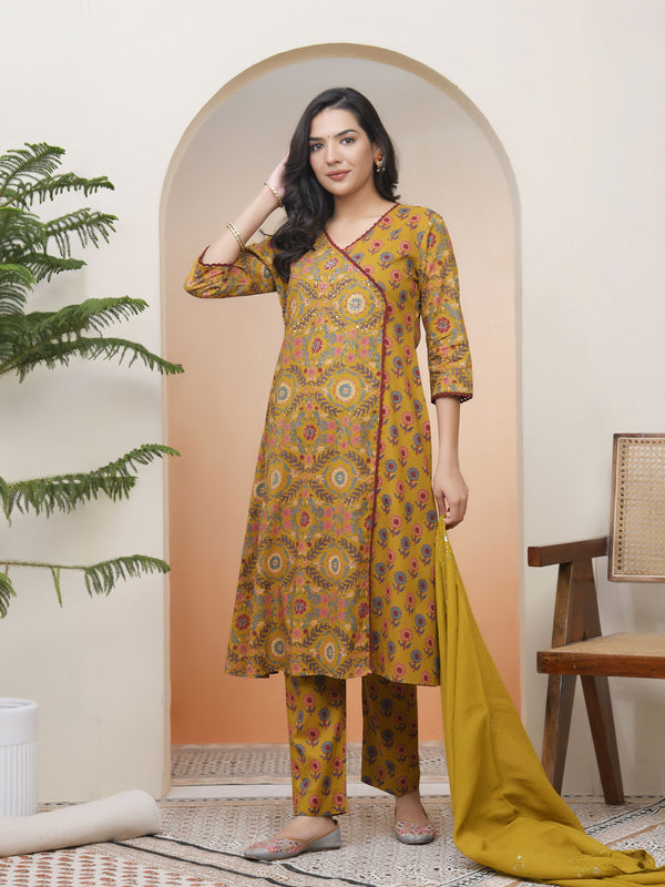 Women Mustard Cotton angrakha kurta with cotton pant & dupatta