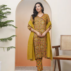Women Mustard Cotton angrakha kurta with cotton pant & dupatta