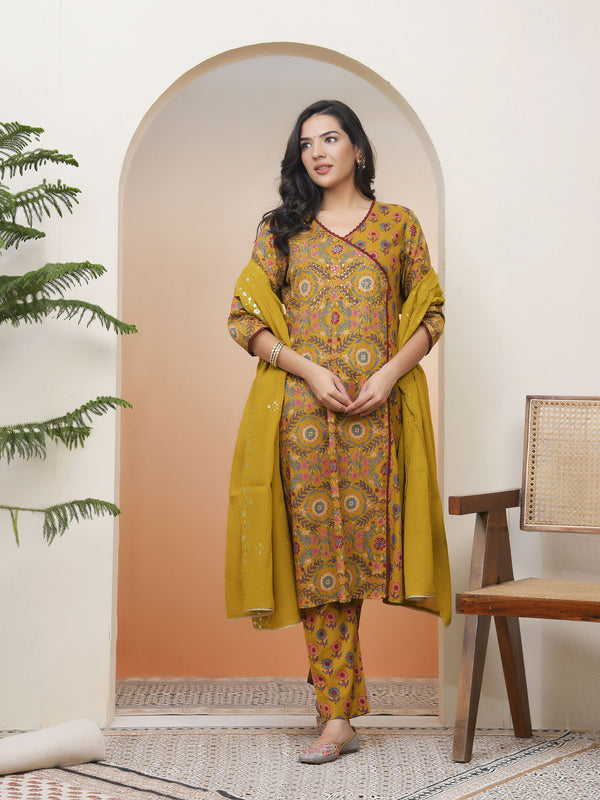 Women Mustard Cotton angrakha kurta with cotton pant & dupatta