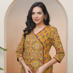 Women Mustard Cotton angrakha kurta with cotton pant & dupatta
