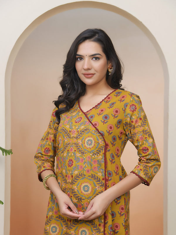 Women Mustard Cotton angrakha kurta with cotton pant & dupatta