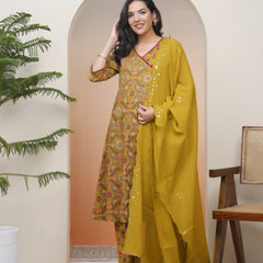 Women Mustard Cotton angrakha kurta with cotton pant & dupatta