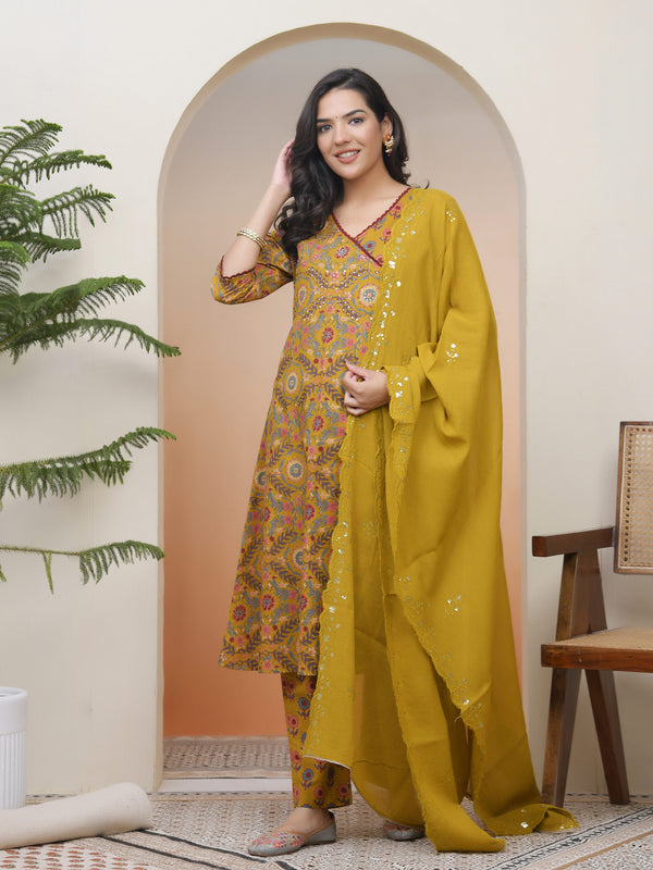 Women Mustard Cotton angrakha kurta with cotton pant & dupatta