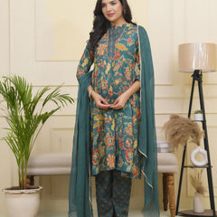 Women Dark Sea Cotton gathered kurta with cotton pant & dupatta