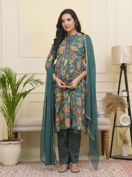 Women Dark Sea Cotton gathered kurta with cotton pant & dupatta