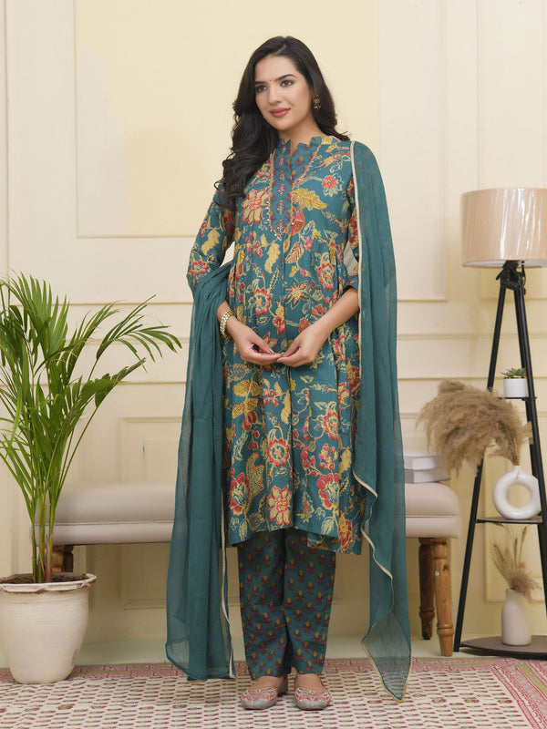 Women Dark Sea Cotton gathered kurta with cotton pant & dupatta