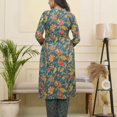 Women Dark Sea Cotton gathered kurta with cotton pant & dupatta