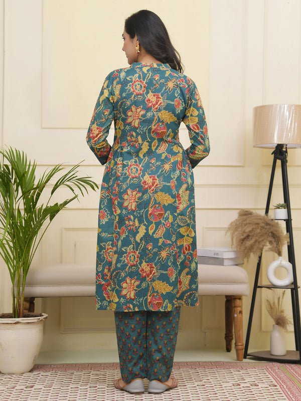 Women Dark Sea Cotton gathered kurta with cotton pant & dupatta