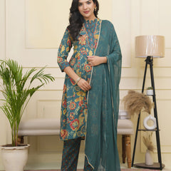 Women Dark Sea Cotton gathered kurta with cotton pant & dupatta