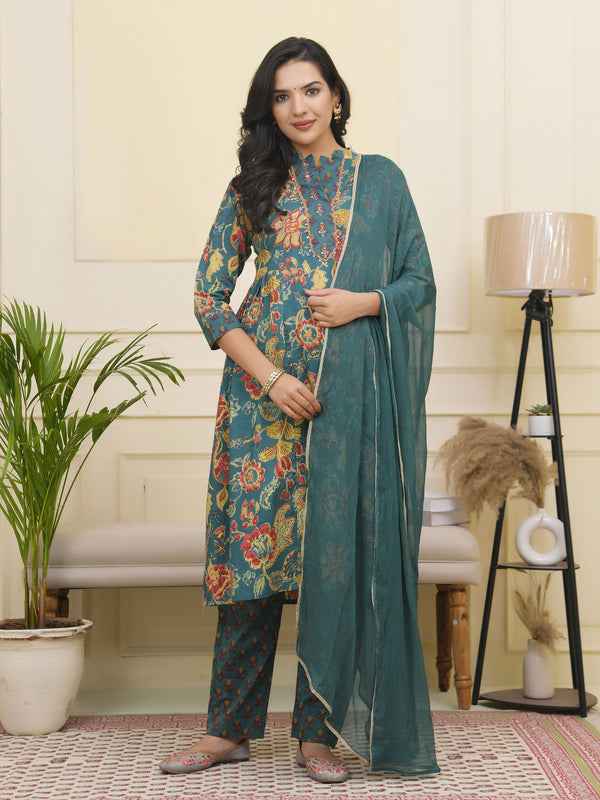 Women Dark Sea Cotton gathered kurta with cotton pant & dupatta