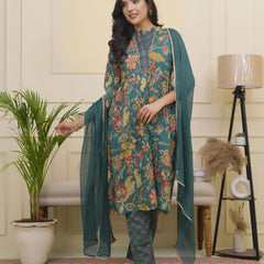 Women Dark Sea Cotton gathered kurta with cotton pant & dupatta