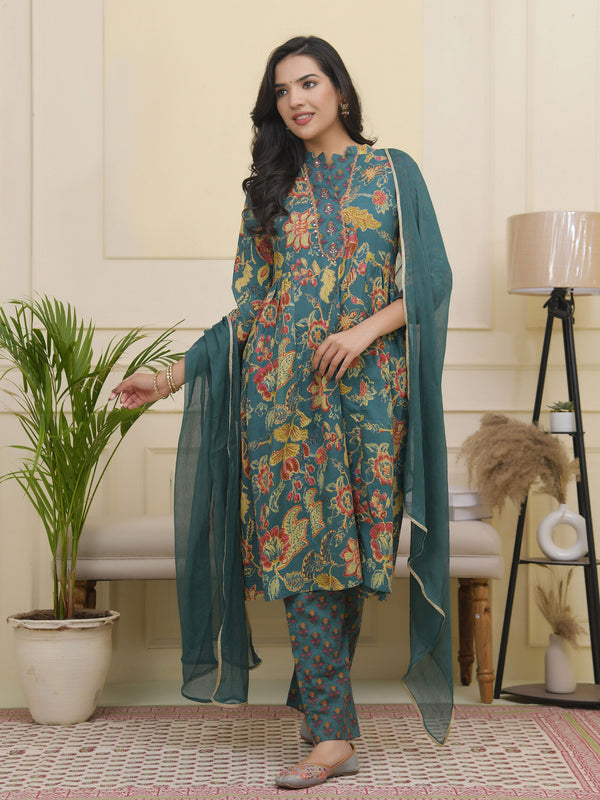 Women Dark Sea Cotton gathered kurta with cotton pant & dupatta