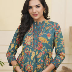 Women Dark Sea Cotton gathered kurta with cotton pant & dupatta