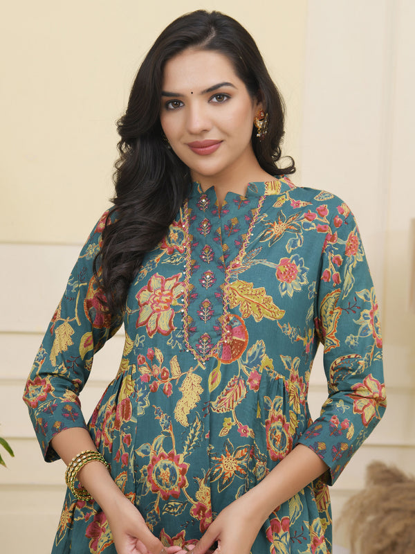 Women Dark Sea Cotton gathered kurta with cotton pant & dupatta