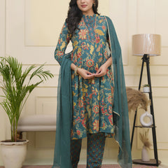 Women Dark Sea Cotton gathered kurta with cotton pant & dupatta