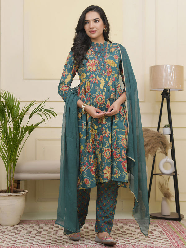 Women Dark Sea Cotton gathered kurta with cotton pant & dupatta