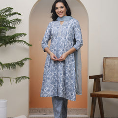 Women Grey panel kurta with cotton pant & dupatta